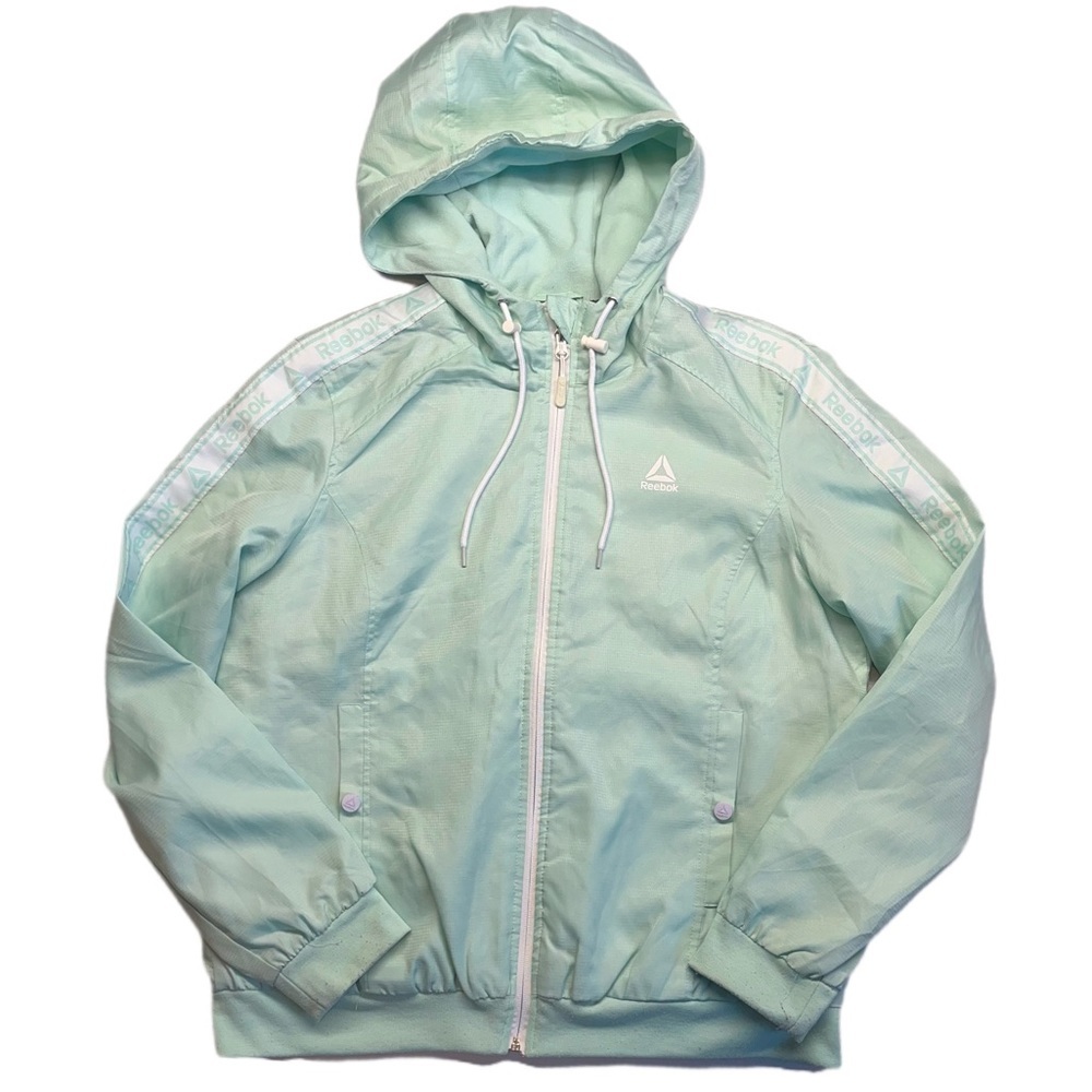 Reebok size large light blue and white nylon lightweight zip up jacket hoodie